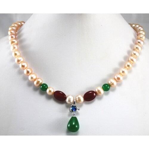 Wholesale/retail 8mm pink pearl & red jades necklace+green jades crystal pendant