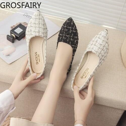 Pointed Single Shoes Women 2021 Spring Fashion Retro Womens Shoes Plaid Suede Flat Shoes Sandals Women
