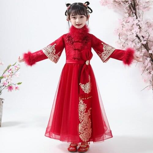 Flower Girl Dress Han Fu For Girl Kids Dramaturgic Robe Dress Chinese Traditional Ancient Embroidery Dresses New Year Dress