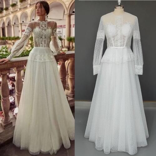 Elegant Wedding Dresses Tulle Illusion Appliques Lace O-Neck Full Sleeve Covered Button A-Line Bridal Gowns
