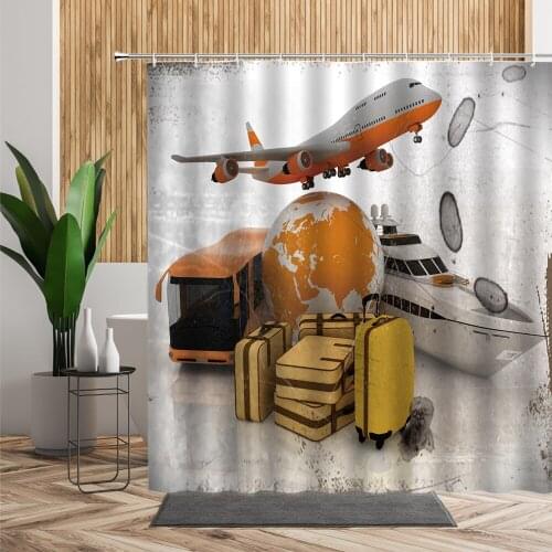 Holiday Travel Poster Shower Curtain Airplane Ship Bus Bathroom Decor Creative Living Room Wall Fabric Retro Europe Bath Curtain