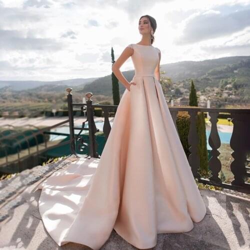 Pink Wedding Dresses 2021 Satin Lace Appliques vestido de noiva Short Sleeves Party Dress with Pockets Back Button Wedding Gown