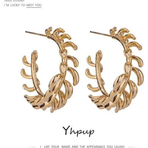 Yhpup Trendy Charm Leaf Plant Stud Earrings High Quality Metal Gold Color Copper Earrings Jewelry for Women Office Party New