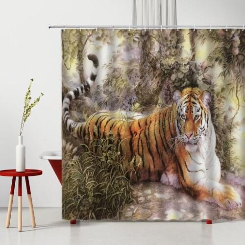 Tiger Shower Curtains Forest Wild Animal Leopard 3D Printed Polyester Washable Bathroom Decor Set With Hooks Bath Fabric Curtain