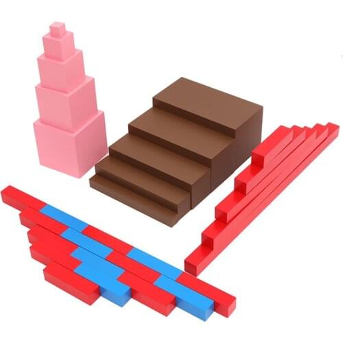 Montessori 0-3-year-old teaching aids for children preschool education wooden toys pink tower Brown ladder long red sticks
