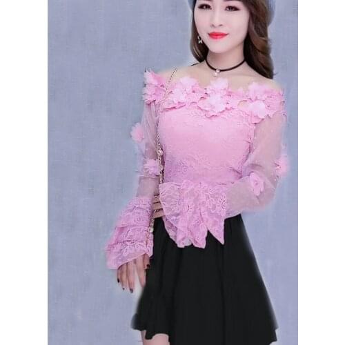 2018 Spring Summer Women Blouse Sweet Hollow Out Floral Lace Shirt Female Flare Sleeve Slash Neck Mesh Blouses Short Tops AB815