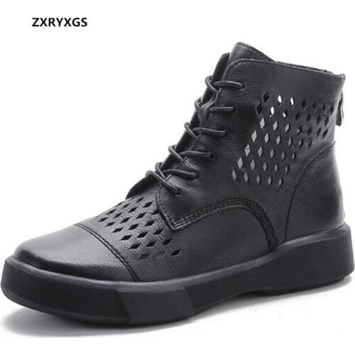 2021 New Summer Autumn Full Genuine Leather Boots Hole Shoes Hollow Sandals Breathable Wild Women Boots Martin Boots Black White