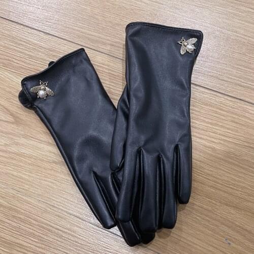 Winter And Autumn Womens PU Leather Gloves Full Finger Metal Bee Brand Warm Mittens варежки женские зимн