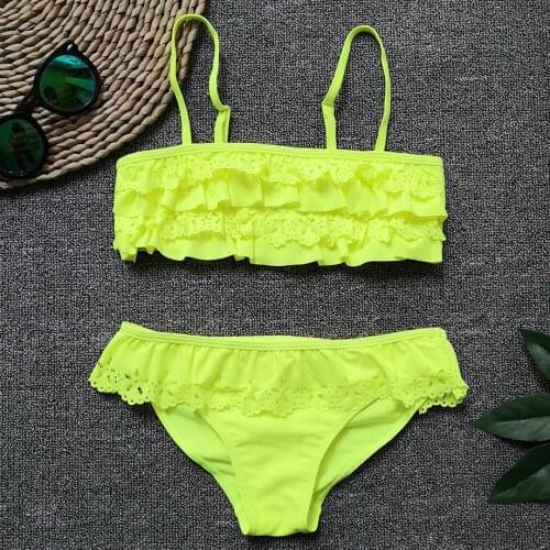 5-14Y Girl Swimsuit Kids Two Piece ChildrenS Swimwear Falbala Teenage Girl Bikini Set Hollow Out Big Girl Bathing Suit Biquini