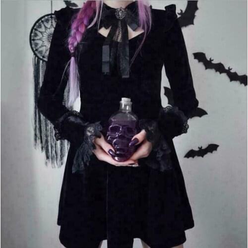 Womens Gothic Victoria Velvet Floral Lace Bowtie Flared Short Mini Dress