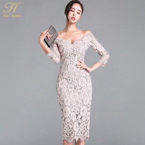 H Han Queen Korean Style Elegant Lace Pencil Bodycon Dress Women 2018 Sexy Special Occasion Dresses Slim Cold Shoulder Vestidos