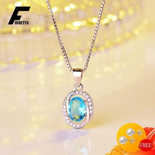 Luxury 925 Silver Jewelry Necklace Oval Sapphire Zircon Gemstone Pendant Ornament for Women Wedding Promise Party Gift Wholesale