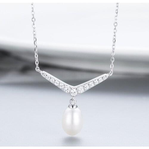 MADALENA SARARA Sterling Silver S925 9-10mm Freshwater Pearl Pendant Women Necklace Cubic Zirconia V Shape Chain Necklace