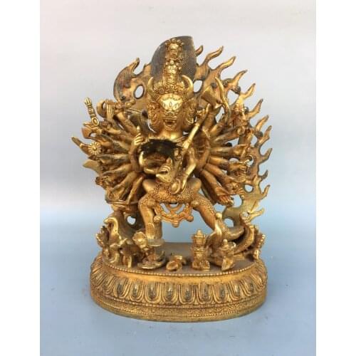 11" Tibet Buddhism Old Bronze Gilt King Kong Buddha Surrender the devil Great Wisdom King Ngau Tau Ming Wang Enshrine the Buddha