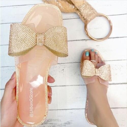 2020 women summer sandals flats shoes woman slides slippers bling shiny crystal bowties clear sandalias mujer sapato feminino 41