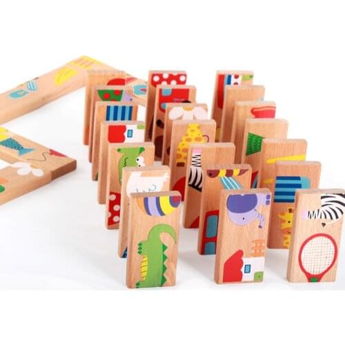 28Pcs Cute Animal Dominoes Wooden Puzzle Multi color Cartoon Montessori Educational Baby Toys Birthday Gifts Funny Kids Games