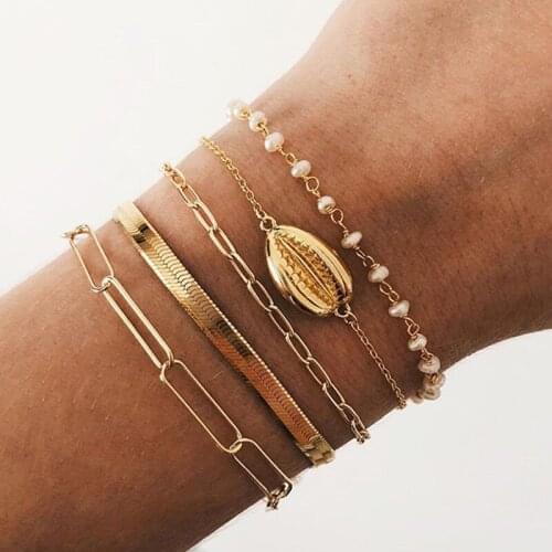 5 Pcs/Set Bohemian Bracelets Set Ladies Beach Charm Shell Pearl Beaded Gold Color Chain Bracelet Ladies Jewelry