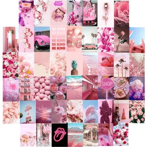 50Pcs Pink Sweet Theme Rose Flower Aesthetic Picture Wall Collage Kits Wall Art Posters Wall Stickers for Warm Girls Rooms Decor