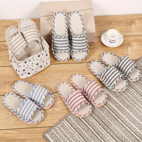 Women Summer Home Slippers Household Indoor Linen Slippers Women And Men Cotton And Linen Stripe Home Slippers And Sandals