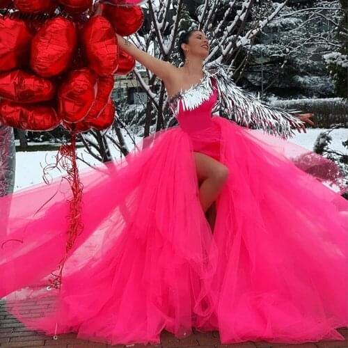 Fuchsia Muslim One Shoulder Celebrity Dresses Long Sequins Red Carpet Runaway Dresses Woman Party Night Photography Vestidos