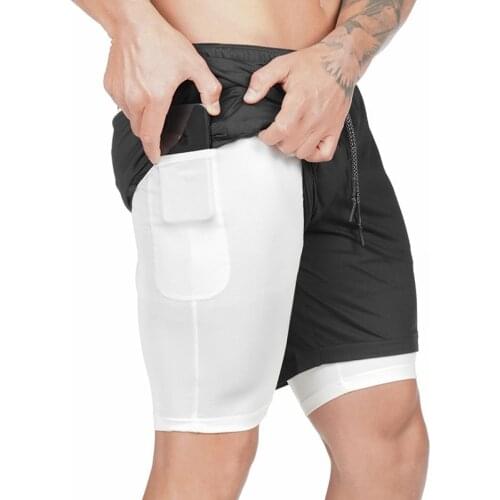 Summer mens gym fitness shorts quick-drying elastic 2 in 1 hidden built-in pockets fake two-piece sports casual beach pants