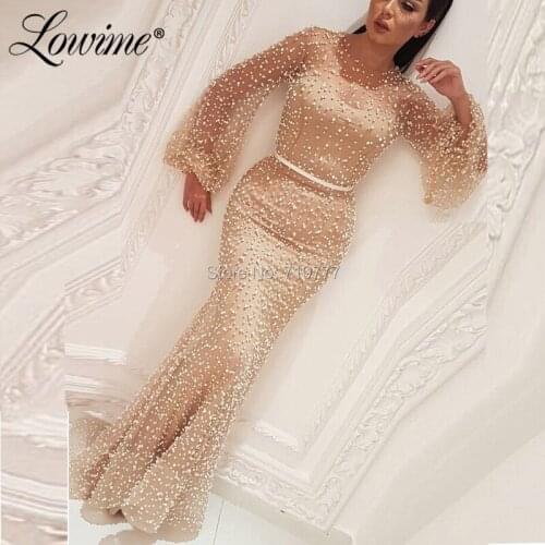 Champagne Evening Dresses Muslim Middle East Formal Kaftan 2019 Couture Pearls Party Dress Abiye Arabic Gown Abiye Gece Elbisesi