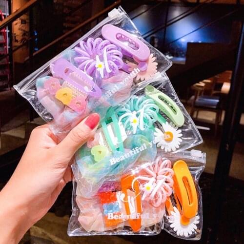 6PCS Hair Ornament Set For Girls Silk Scrunchie Coiled Elastic Bands Hair Clips Haigrips In One Bag Women Daily Hair Accessories