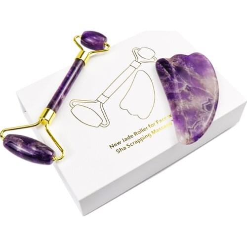 High Quality Facial Nephrite Anti Aging Natural Amethyst Purple Jade Roller Gua Sha Set