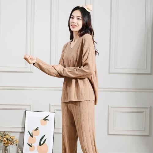 2021Latest Womens Pajamas Set Sleepwear Home Clothes Sweater Thick V Neck Nightwear Wick Yarn Loose Knitted Autumn And Winter