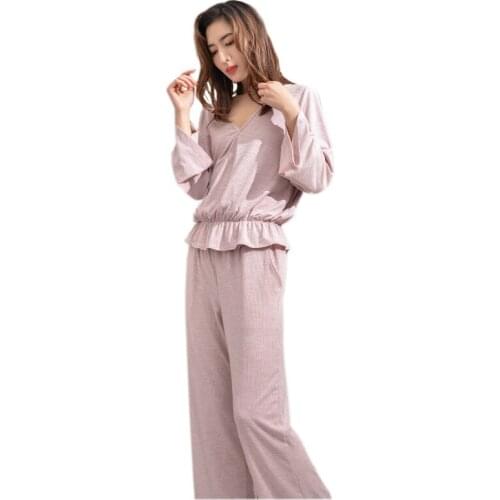 Yomrzl A818 New arrival spring and autumn womens pajama set 2 piece long sleeve sleep set v-neck daily home clothes