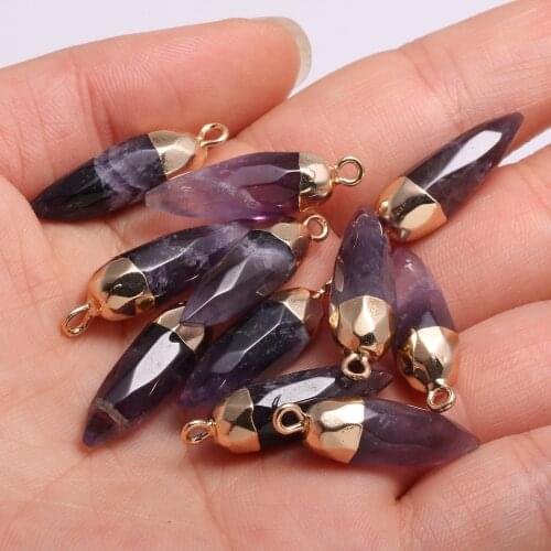 Natural Stone Pendants Cone Shape Amethysts Gold plated Crystal for Jewelry Making Necklace Earrings Accessories 13x26mm