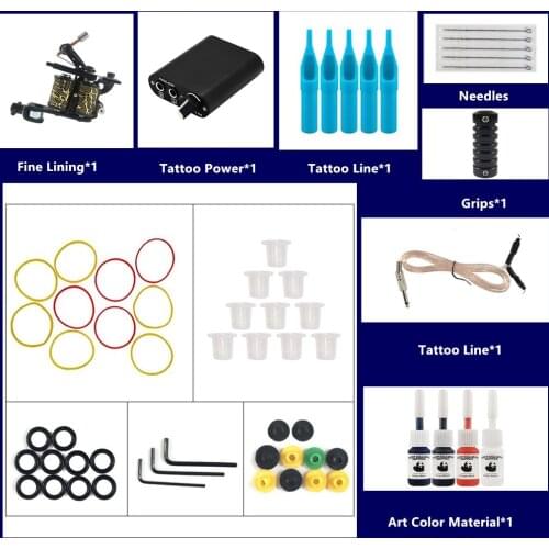 Complete Tattoo Kit Tattoo Machines Gun 1 Coils Guns Colors Pigment Inks Sets Black Power Tattoo Beginner Grip Kit
