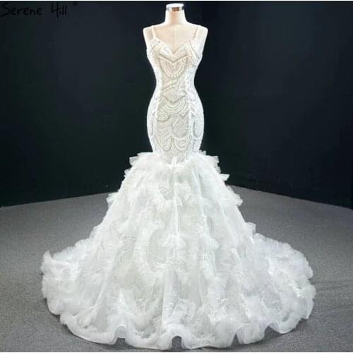 Ivory Luxury Mermaid Sleeveless Sexy Wedding Dresses 2020 Handmade Beading Diamond Bride Gowns HM67123 Custom Made