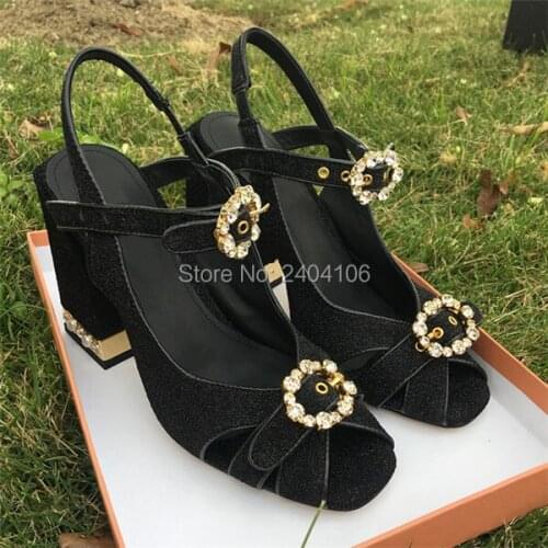 Luxury Summer Sandalias Mujer Pearled High Heels Crystal Buckle Strap Womens Party Shoes Peep Toe Block Heel Rhinestine Sandals