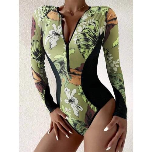 Mossha Long sleeve one piece suits Sports zipper womens swimsuit 2021 Floral print swimwear female Sexy high cut bathing suit