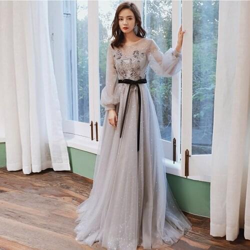 Vestido de Festa Longo Real Photo Appliques Evening Dresses illusion Evening Party Dresses Long Sleeve Robe De Soiree Longue