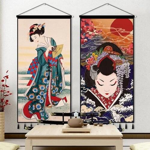 Japanese Ukiyoe Maid Canvas Posters Art Painting Print Pictures Scroll Painting Wall Hang Living Room Decor Retro Wall Tapestry
