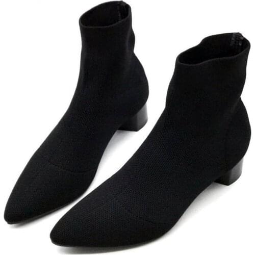 Womens Boots Pointed Toe Yarn Elastic Ankle Boots Thick Med Heels Shoes Woman Female Socks Boots 2019 Autumn Q00253