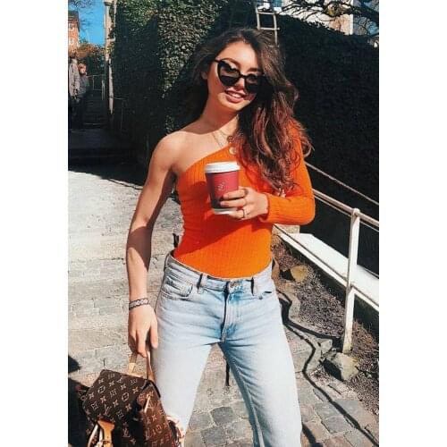 New Sexy Street Womens Single-Shouldered Long-Sleeved Tights Orange Sweater Knit Jumpsuit