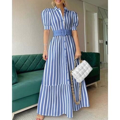Vintage Stripe Shirt Dress Summer Women Short Puff Sleeve Belt Solid A Line Mermaid Single Breasted Floor Length Maxi Dresses