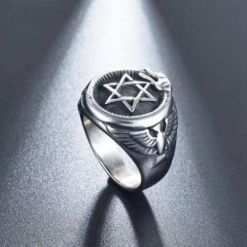 2020 New Fashion Ring Bright Black Retro Style Party Men'S Stainless Steel Hexagonal Eagle Totem Ring Jewelry