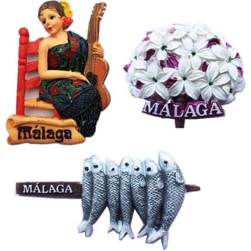 Spain Malaga Grilled Fish Flower Guitar Girl 3D Fridge Magnets Tourism Souvenirs Refrigerator Magnetic Stickers Home Decor