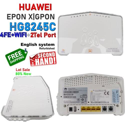 5pcs/Lot HG8245C Free shipping Refurbished Huawei EPON GPON XPON oNU 4FE+WIFI 2Port Terminal Modem Router FTTH ONT English sys