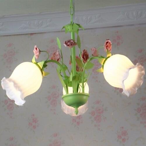 American European Style Restaurant Iron Pink Rose Ceramic Flowers Korean Childrens Room Pendant Light hanglamp