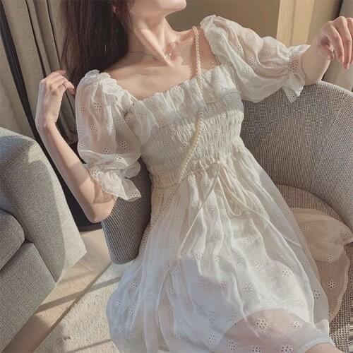 White Summer Chiffon Mini Dress Women Elegant French Puff Sleeve Korean Style Fairy Dress Lace Kawaii Vintage 2021 Robe Sexy