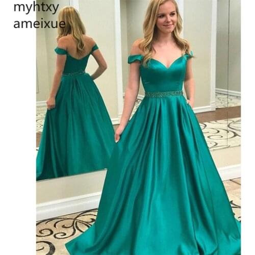 Custom Off Shoulder Turquoise Prom Dress A-line Satin Beaded Sash Party Gowns Special Occasion Evening Plus Size Dress Elegant