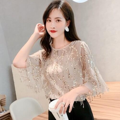 Blusas Womens Shirt Sexy Lace Sequin Shirt Summer Trumpet Sleeve Chiffon Blouse Plus Size Women Clothing