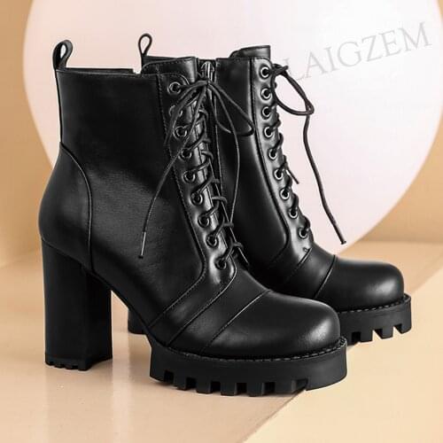 LAIGZEM FASHION Women Ankle Boots Real LEATHER Side Zipper Block High Heels Booties Black White Ladies Shoes Woman Size 38 39 42