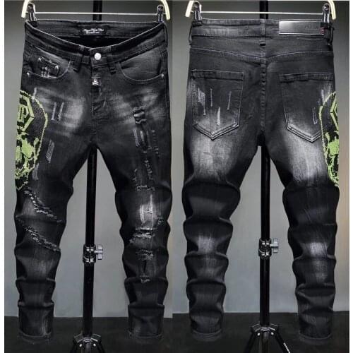 European Style Men plein Brand Jeans Mens Slim Denim Trousers Black Jeans Straight Skulls Biker Hole Black Jeans Pants for Men