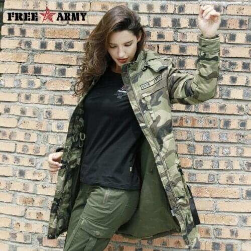 FreeArmy Winter Military Camo Women Coat Hooded Thicken Warm Outwear Female Medium Long Zipper Ladiess Parka Overcoat GS-8908